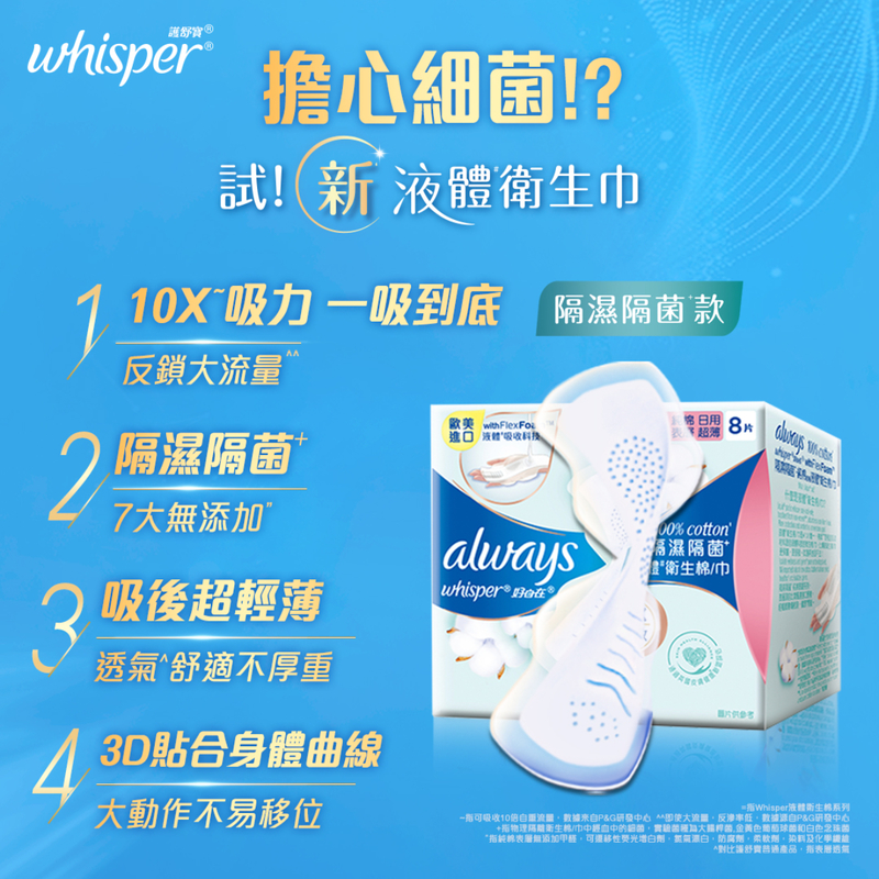 Whisper Liquid Pad Isolate Wetness & Germ Day 24cm 8pcs