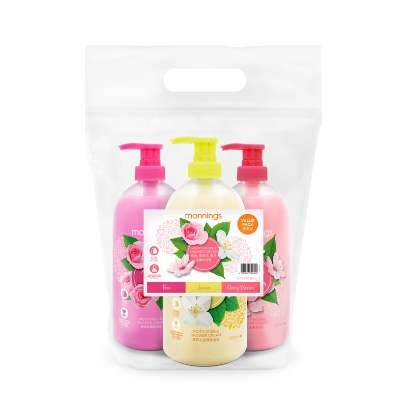 Mannings Rose + Jasmine + Cherry Blossom Moisturising Shower Cream Pack 1000ml x 3pcs