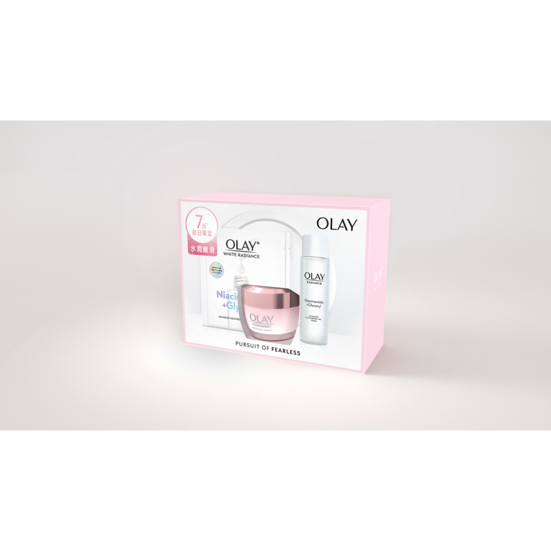 Olay粉潤抗氧輕乳霜套裝-粉潤抗氧輕乳霜50克+水感透白光曜精華水45毫升+水感透白光曜面膜2片