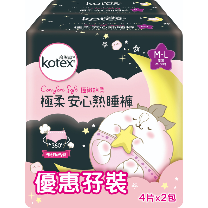 Kotex Comfort Soft Overnight Pants(M-L) 4pcsx2 Packs