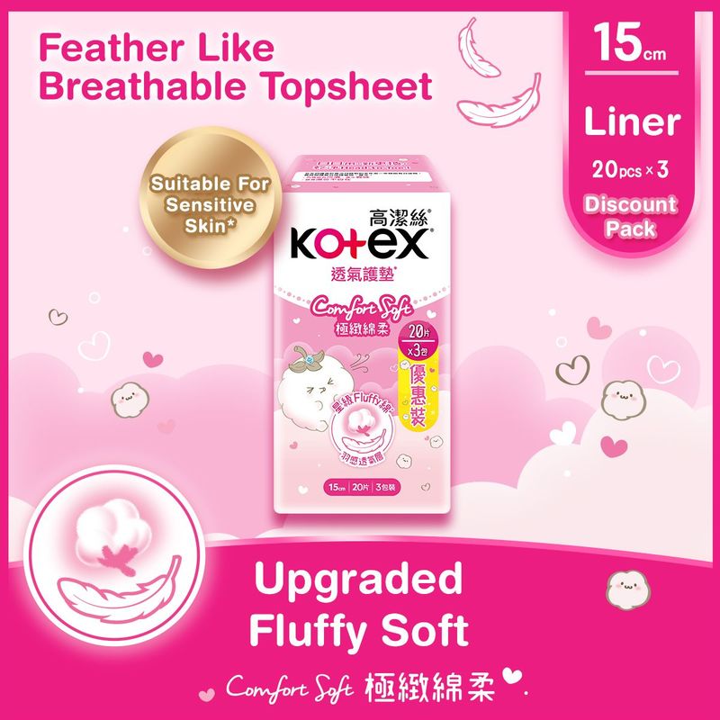 Kotex高潔絲Comfort Soft極緻綿柔透氣護墊 普通 20片 x 3包